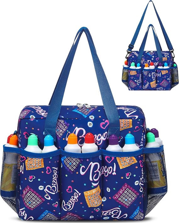 Bingo Bag with Pockets for Daubers Dabbers Dobbers Dotters Casino Bingo Game Accessories for Adults Seniors Blue