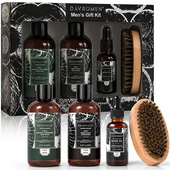 Men's Self Care Gift Set, 4 Pcs Sandalwood Scented Luxury Spa & Grooming Set, Birthday & Father's Day Gifts Set for Men, Travel Kit For Him