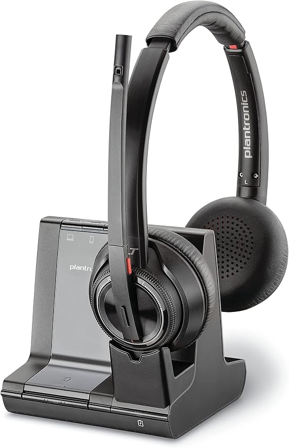 Plantronics - Savi 8220 Office Wireless DECT Headset (Poly) - Dual Ear (Stereo) - Compatible to connect to PC/Mac or to Cell Phone via Bluetooth - Works with Teams (Certified), Zoom,Black