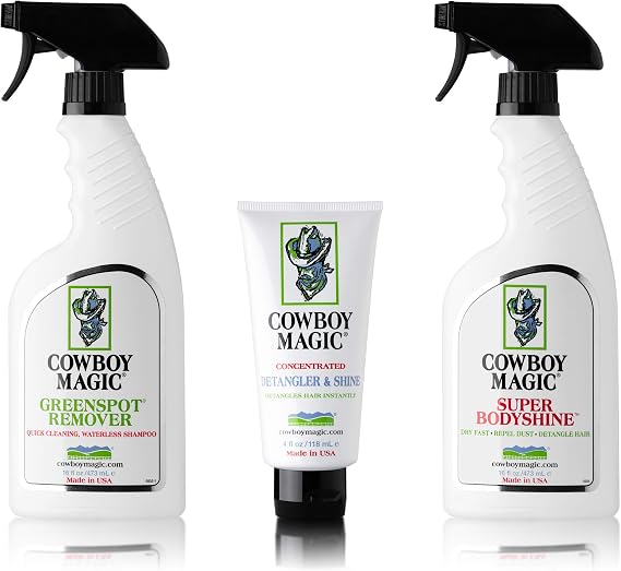 Cowboy Magic Greenspot + SuperBody Shine 16 Ounce each With Detangler & Shine 4 Ounce