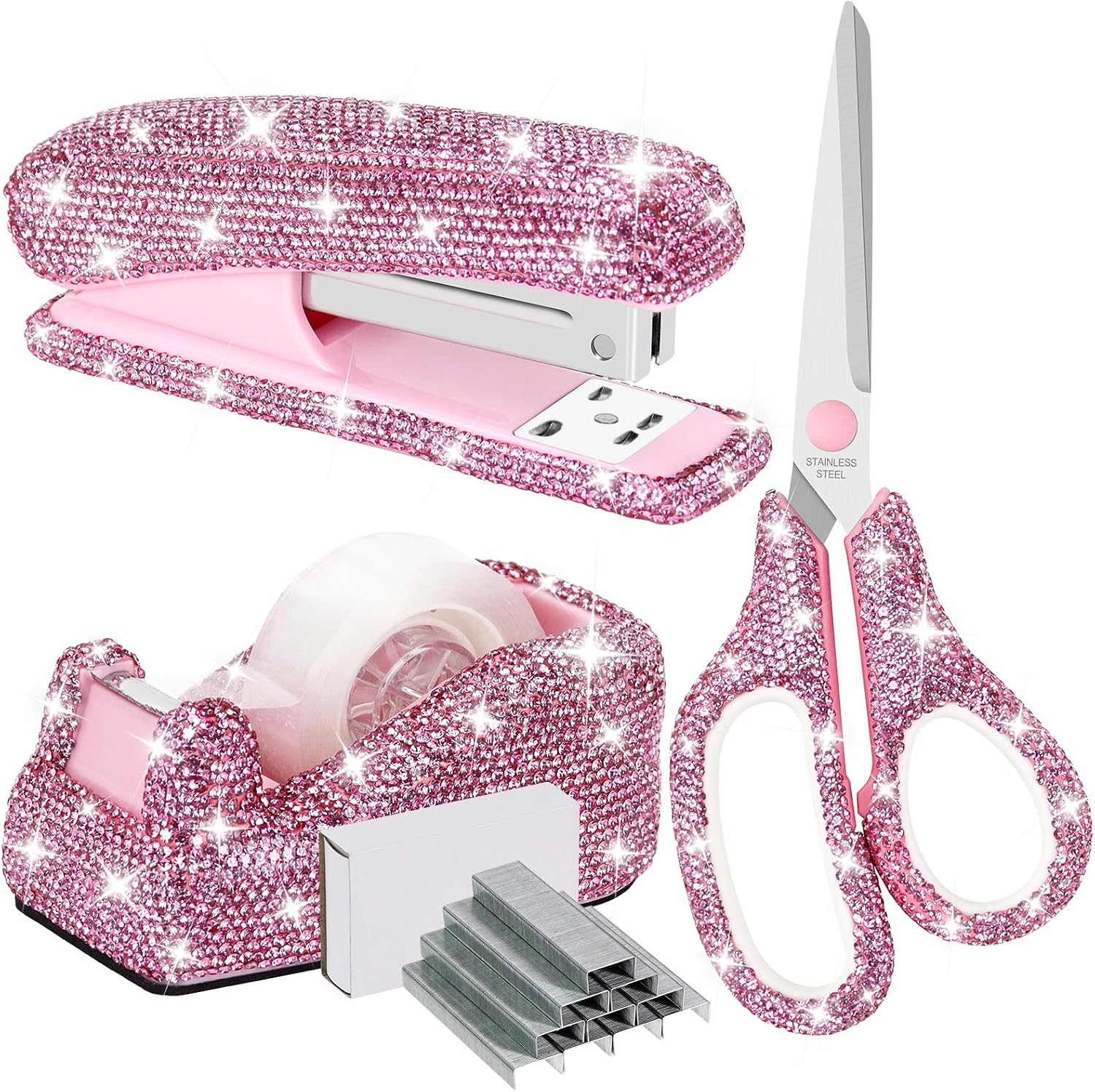 Buqoo Bling Rhinestones Office Supplies Set Diamond Desktop Stapler and Tape Dispenser with 1000 Staples, Tape Cutter, Scissors for Stationery Desk Set School Home N Office Supplies