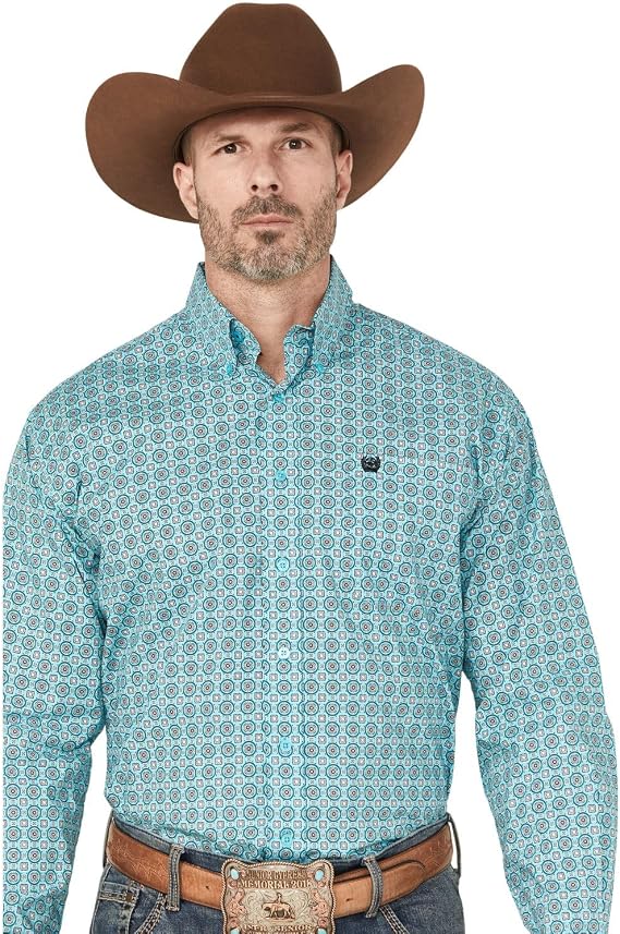Cinch Men's Men's Geo Print Long Sleeve Button-Down Stretch Western Shirt - MTW1105902 Turquoise