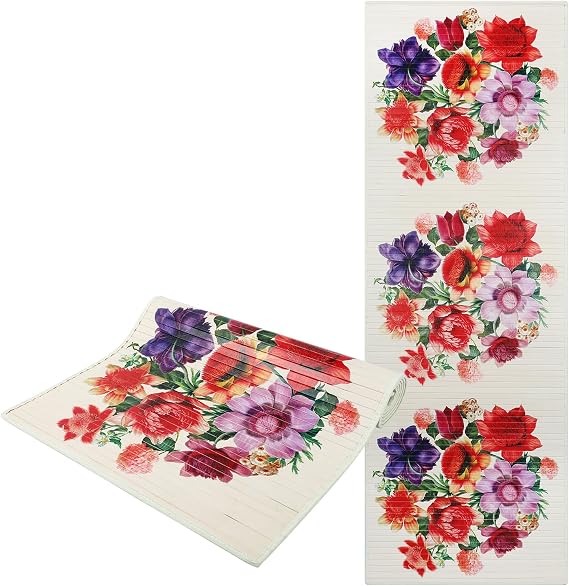Bamboo Yoga Mat Vintage Flower Natural Bamboo Mat Fitness Exercise Mat W24x L67For Home Tatami, Yoga, Pilates Fitness and Exercise Rest Cushion