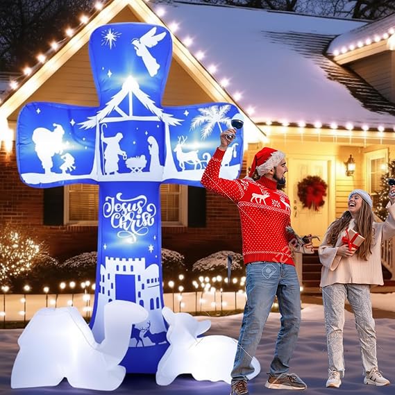 Jenaai 7 FT Christmas Inflatable Nativity Scene Outdoor Decorations Holy Night Christian Christmas Cross Blow up Decorations Religious Inflatable Outside Yard Lawn Porch Holiday Decorations