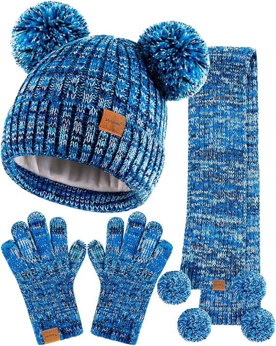 Kids Winter Hat Gloves Scarf Set, Girls Toddler Children Beanie with Pom Knit Neck Warmer Gaiter Mittens Fleece Lined Set(Blue Mix)