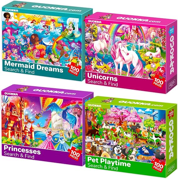 100 Piece Puzzles for Kids Ages 6-8 - 4 Jigsaw Kids Puzzles Ages 4-6 | Search and Find Unicorn Princess Mermaid Toys - Kids Puzzles Ages 8-10 - Educational Game Gift for Boys and Girls