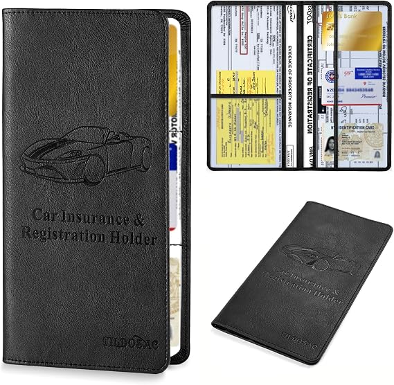 TILDOSAC Car Registration & Insurance Card Holder：Auto Glove Box Organizer Document Wallet Leather Manual Folder Vehicle Compartment License Case Truck Accessories for Women Men, A Black, L, Elegant