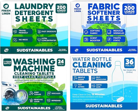 Sudstainables Washing Machine Cleaner, 100 Sheets Fresh Linen Laundry Detergent, Fabric Softener Sheets, and Water Bottle Cleaner tablets