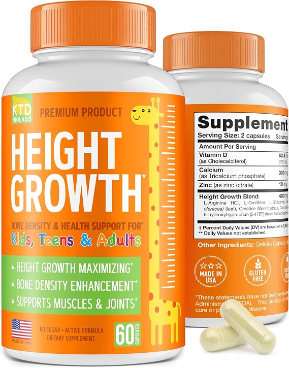 Kids Height Growth Support Capsules Daily Development Formula with Calcium, Vitamin D3 & Zinc Bone & Nutrition Support for Kids & Teens Amino Blend 60 Capsules