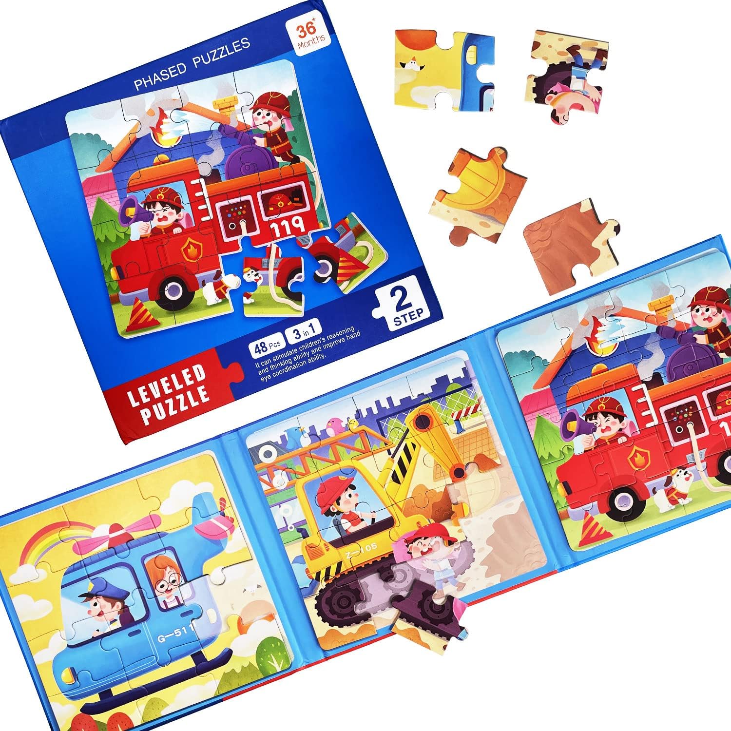 Magnetic Puzzle for Kids Ages 4-8, Three Wooden Jigsaw Sets 48 Piece, Fire Truck Puzzle Book for Toddlers, Party Favors for Girls and Boys, Travel Games and Toys