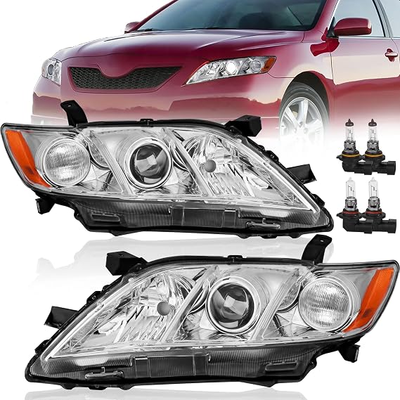 KUIPERAUTO Projector Headlights Assembly Replacement Compatible for 2007 2008 2009 Toyota Camry Halogen (Exclude Hybrid) with Clear Lens Chrome Housing Amber Reflector Front Lamps Left and Right Side