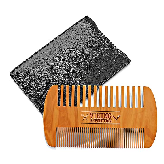 Viking Revolution Wooden Beard Comb and Case - Pocket Comb | Premium Pocket-Sized Wooden Comb - Durable Protective Travel Case Included - Dual-Sided Fine & Coarse Teeth for All Beards