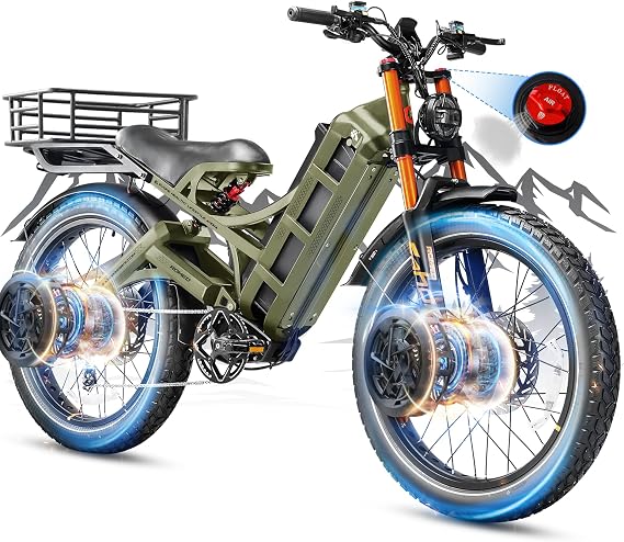 eAhora 2025 Romeo Pro 2 46Mph/52V/4000W Dual Motor Electric Bike for Adults, 70Ah 200+Mile Long Range Ebikes, 26 * 4.0" Fat Tire Full Suspension Electric Mountain Bike, Hydraulic Brakes, Green+Basket