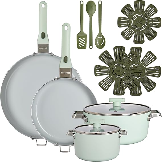 GoodCook Ceramic cookware Set, 14-Piece with Removable Handles, nonstick pots and Pans, Induction and Oven Safe, sage Green
