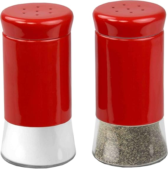 Retro-Styled Stainless Steel Salt and Pepper Shakers (Red), By Home Basics | 2 Piece Shakers for Salt, Pepper, Cumin, Cinnamon, Paprika, and More | With See-Through Glass Bases