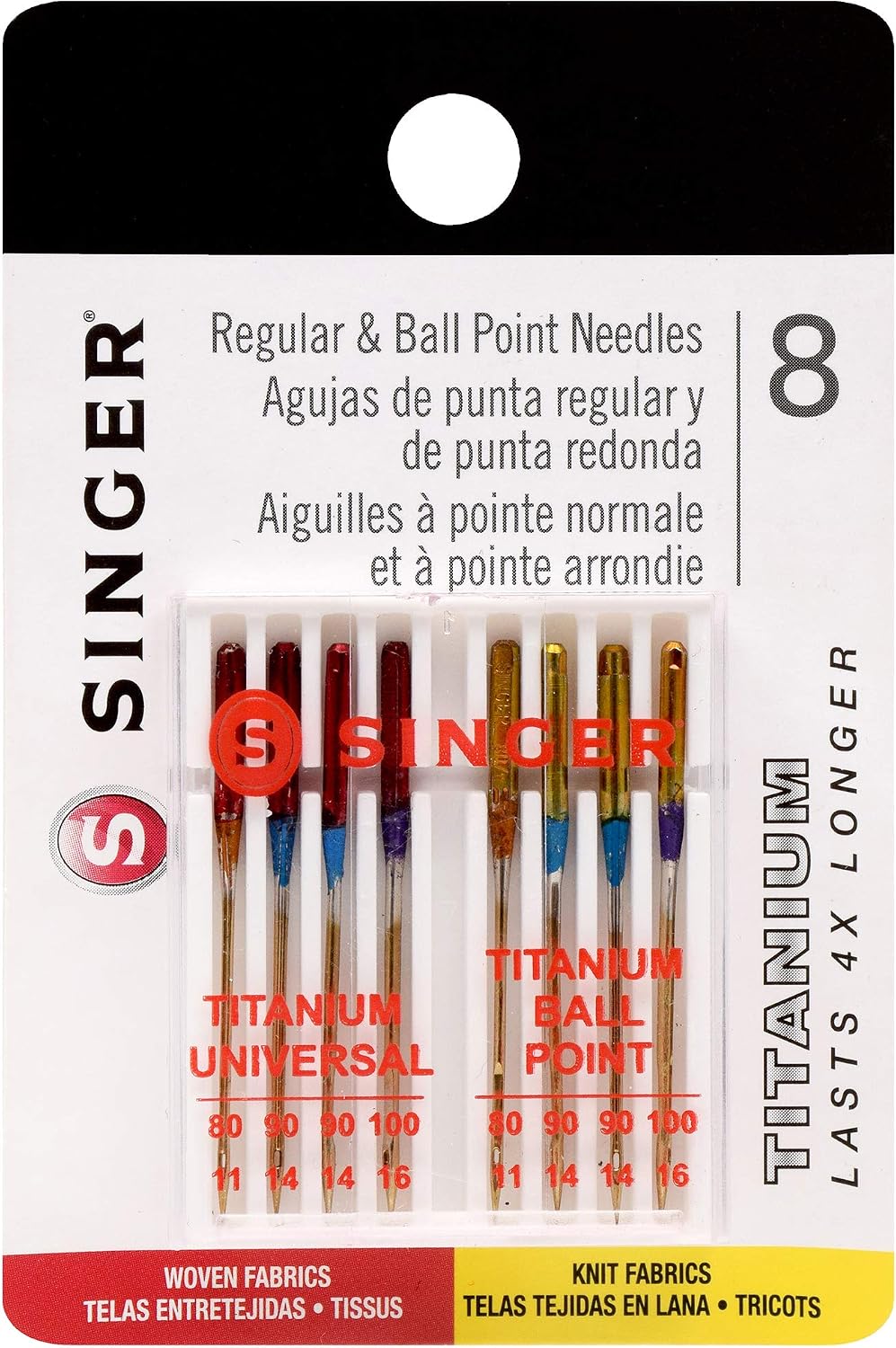 SINGER 04806 Titanium Universal Regular and Ball Point Machine Needles Combo Pack, 8-Count