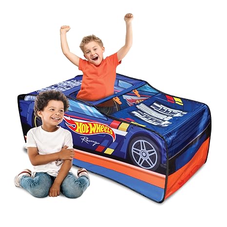 Hot WheelsTM Pop Up Play Tent, Playhouse for Boys, Race Car Tent with Connections for Hot Wheels Tracks, Indoor Playspace with Roll-Up Door & Roof Opening, Easy Setup, Folds Flat for Storage