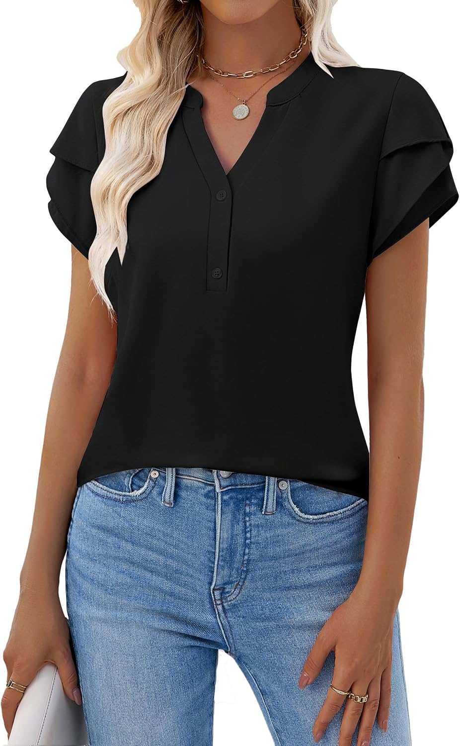 BMJL Womens Dressy Casual Blouses Button Down Business Work Tops Layered Ruffle Sleeve Summer Shirts Outfits 2024