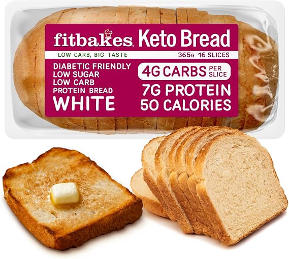 Fit Bakes White Keto Bread, 7g Protein, Low Carb Bread Loaf Toast, 16 slice | Diabetic Food, Protein Bread, Keto Diet, Low Calorie Snack, 50 Calories, 4g Carbs, Cheese Toastie for Protein Snack, Fitbakes