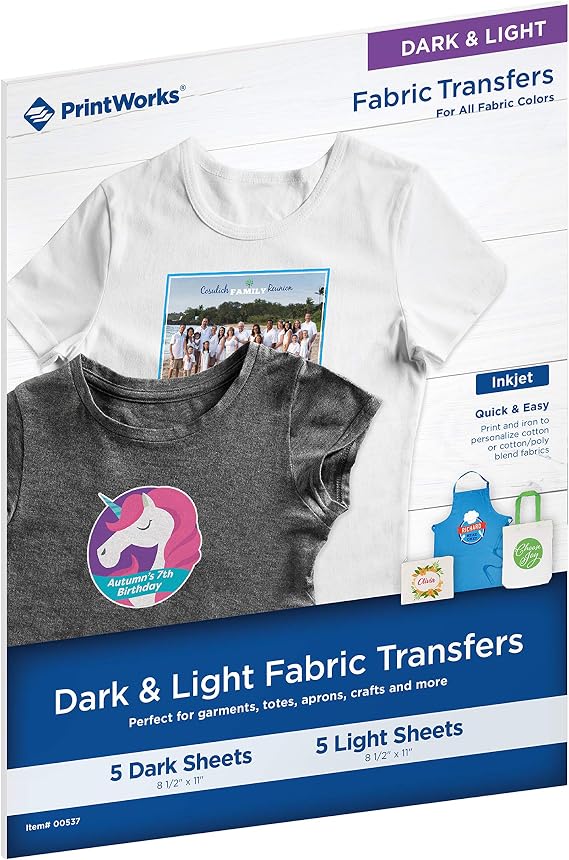 PrintWorks Iron on Heat Transfer Paper for Inkjet Printer - Printable Heat Transfer Vinyl for Dark & Light Fabrics (Printable HTV) - 8.5" x 11" - 10 Sheets - Made in The USA - Iron on Vinyl (00537)