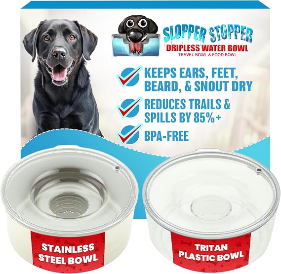 Slopper Stopper Stainless Steel Dripless Water Bowl with Tritan Plastic Lid Holds 1 Gal, Reduces Spills & Trails Up to 85%+, Water Bowl for Small Breed Dogs (0-20 lbs), The Original Slobber Stopper