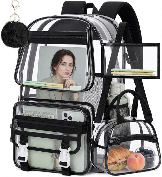 KLFVB Clear Backpack, Heavy Duty Transparent Bookbag, See Through Sequin Backpacks