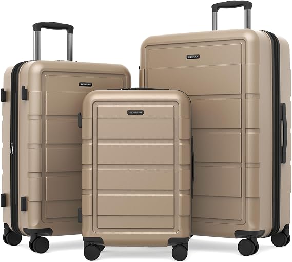 SHOWKOO Luggage Sets Expandable 100% PC Durable Suitcase Double Wheels TSA Lock 3pcs, Champagne