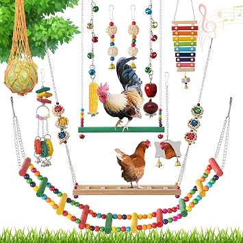 Little World Chicken Toys Complete Set of 12 All-in-One Chicken Coop Accessories with Xylophone, Swing, Chicken Mirror, Ladder, Vegetable String Bag & Hanging Feeder Coop Toy for Happy Hens