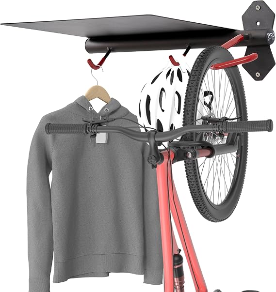 PRO BIKE TOOL Bike Wall Mount with Storage Shelf Vertical Bike Rack Wall Mount for Garage, Indoor Bicycle Storage Hanger, Space Saving Bike Holder for Road, Mountain & Hybrid Bikes