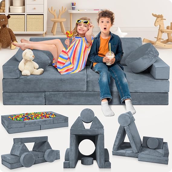 Lunix Modular Kids Play Couch, 14-Piece Sectional Sofa | Playroom furniture for building forts, slides & reading nooks from toddlers to preteens