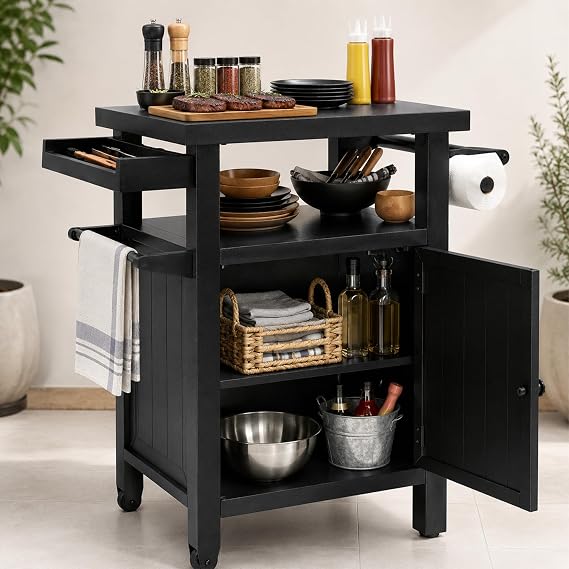 Kozyard BBQ Grill Storage Cart/Bin, Grill Carts Outdoor Storage Cabinet with Wheels, Prep BBQ Table for Patio Island Home Party Bar, Gray