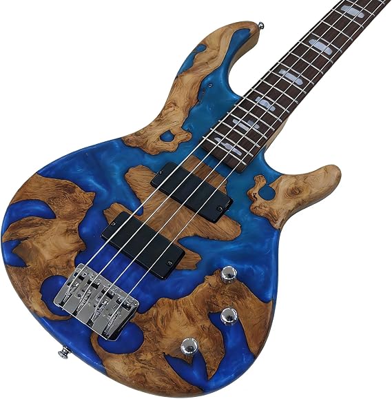 Electric Bass Guitar with Blue Epoxy and Natural Wood Design, 4-String, Chrome Hardware