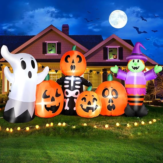 8ft Long Halloween Inflatable Pumpkin Outdoor Decoration Witch, Ghost, Blowup Pumpkin with Inflatable Decoration LED Light & Powerful Blower for Party Garden Halloween Decoration