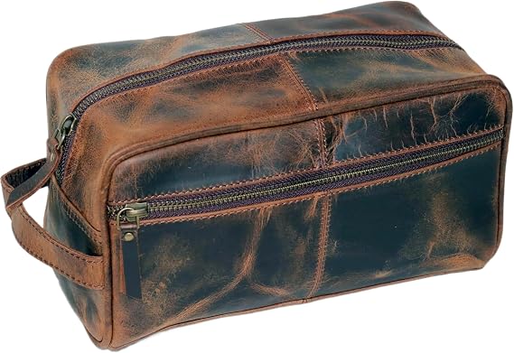 Jaald Genuine Leather Toiletry Bag for Men Waterproof Double Kit Shaving Bag Care Travel Gift Best Man Women for Hanging Friction Closure Makeup Bag Bathroom Cosmetic Bag, Sepia, L, Brown Style 1