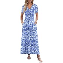 AUSELILY Womens Summer Dresses V Neck Short Sleeve Maxi Dress With Pockets Wedding Guest Dresses