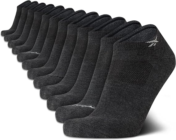 Reebok Mens Low Cut Socks Moisture Wicking Cushioned Athletic Socks 12 Pack | Stretch Performance, Reinforced Heel & Toe, Arch Support, Low Cut No Show, Shoe Size 6-12.5