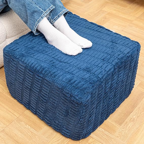 Round Plush Ottoman Pouf Stuffed Fluffy Ottoman Foot Rest with Modern Foam Filler 20" x 14" Cozy Floor Pouf for Living Room & Bedroom (Navy Blue)