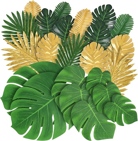 Abzo 77 Pieces 9 Kinds Artificial Palm Leaves for Tropical Party Decorations Golden Tropical Leaves with Stems Jungle Leaves Decoration Hawaiian Party Beach Baby Shower Wedding Birthday Decorations