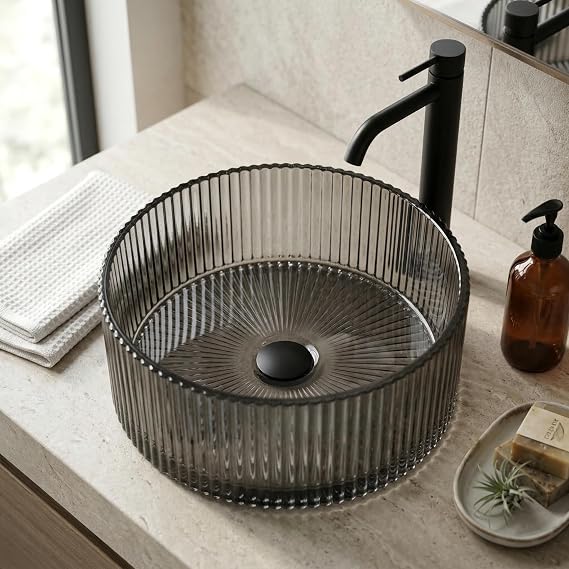 InArt Diamond-Faceted Round Tempered Glass Vessel Sink Bowl, Countertop Vanity Bathroom Sink, Glossy Polished Finish, Easy-Clean Non-Porous Surface, 15.6 x 15.6 x 4.7 in