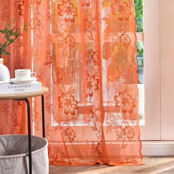 FINECITY Burnt Orange Floral Sheer Curtains W52 x L63 Inch, 2 Panels