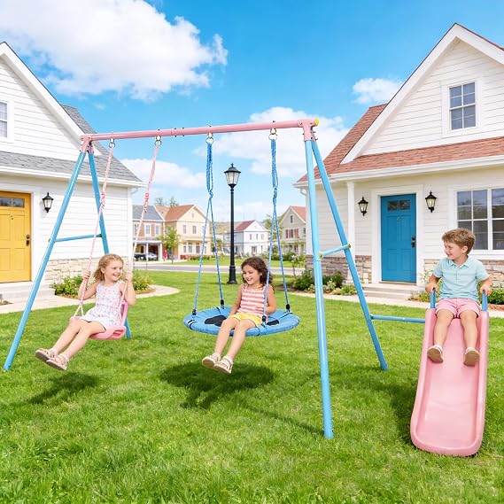 Swing Sets for Backyard with Slide 440lbs Heavy-Duty Metal A-Frame Outdoor Kids Playset with 1 Saucer Swing 1 Belt Swing Pink & Blue