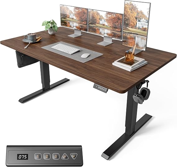FEZIBO Electric Height Adjustable Standing Desk with digital display control panel, 80x160 Ergonomic Home Office Table for sit stand with 4 Pieces Splice Board &amp; BlackWalnut Wood Grain Surface