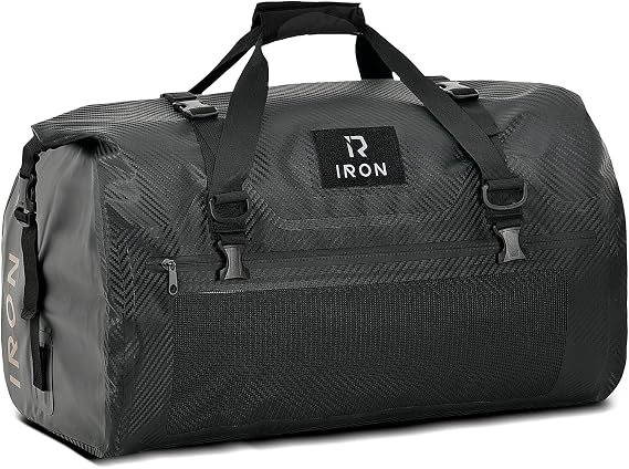 IRON JIA'S Motorcycle Dry Bag - Waterproof Duffle & Luggage Tail Bag Saddle Bags with Roll Top Closure, Shoulder Straps, Inner Pocket and Mesh Pocket (Carbon Fiber, 30L)