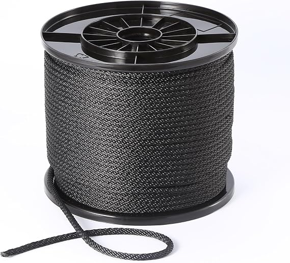 Black Solid Braided Polyester Rope 1/4in x 500ft Low Stretch UV Resistant