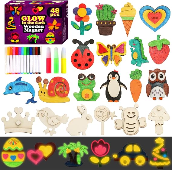 48 Pcs DIY Wooden Magnets, Wooden Art Craft Supplies Painting Kit for Kids