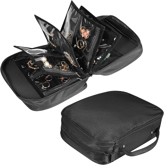 Travel Jewelry Organizer Case, Jewelry Organizers & Storage Book Binder with Clear Zipper Velvet Pouches for Earrings, Rings, Necklace, Bracelet Mini Jewelry Travel Case for Women, Small Jewelry Bags
