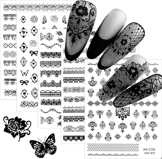 EBANKU 9 Sheets Lace Nail Art Stickers, Black Lace Flower Design