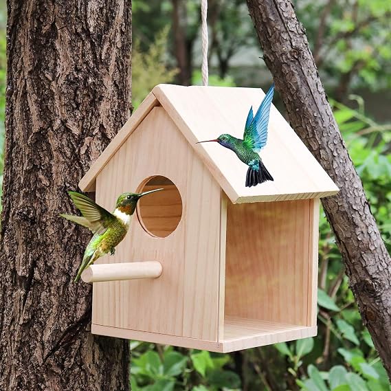 Large Bird House for Outside, Outdoor Wooden Birdhouse with Transparent Acrylic Window, Bird Nest Box with Pole for Garden Patio, Hanging Birdhouse for Sparrow Hummingbird Finch 5.7 5.7 8.7 Inches