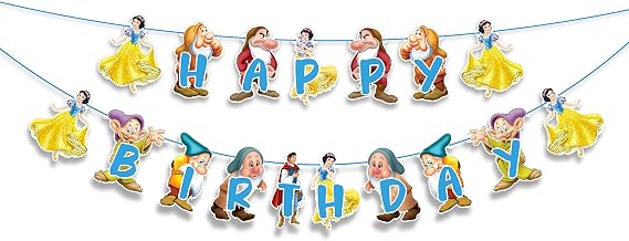 "Snow White and the Sevn Dwafs Happy Birthday Banner Cartoon Princess Theme Birthday Party Decoration Colorful Fairy Tale Banner for Girls Birthday Party, Photo Booth,Party Backdrop Decor"
