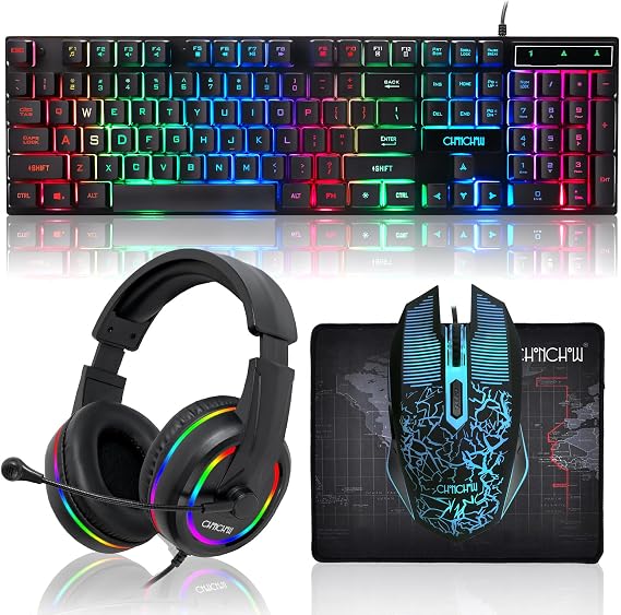 Gaming LED Keyboard Mouse Headset and Mousepad Bundle,Wired Rainbow | LED Light Up Gaming Keyboard Mouse Headset, Value 4 In 1 Game Set for Xbox PS4 PS5 PC Laptop Gamer